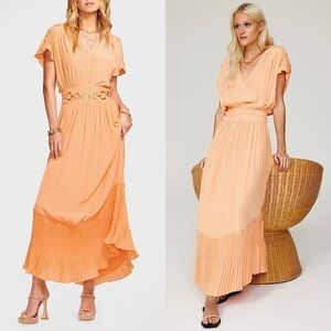 RAMY BROOK Short Sleeve Smocked Waist Pleated Flounce Hem Ruffle Maxi Gown‎ M